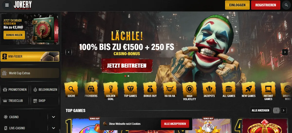 Startseite von Jokery mit Bonusbanner und Spielekacheln, aufgenommen für unsere Erfahrungen zum besten Online Casino