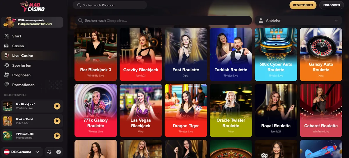 Startseite von MadCasino mit Bonusangebot und Spielkategorien, geprüft für seriöse Online Casino Erfahrungen