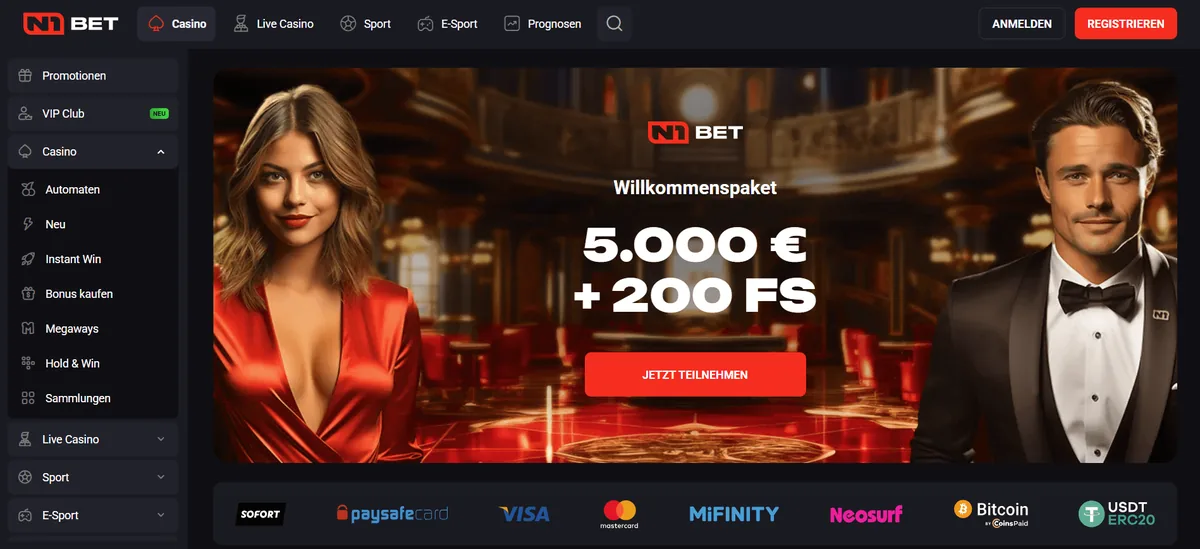 Startseite von N1 Bet Casino mit Willkommenspaket und Sportwetten-Menü, geprüft für Online Casino Echtgeld Erfahrungen