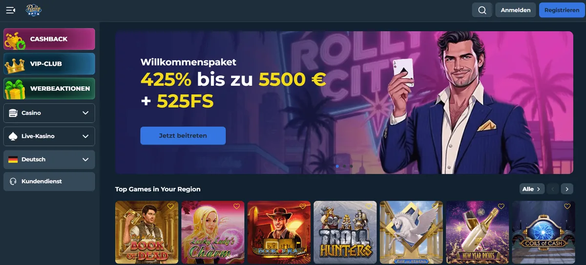 Startseite von RollySpin mit fünfstufigem Bonuspaket und Spielauswahl, geprüft für Online Casino Erfahrungen zur Auszahlung