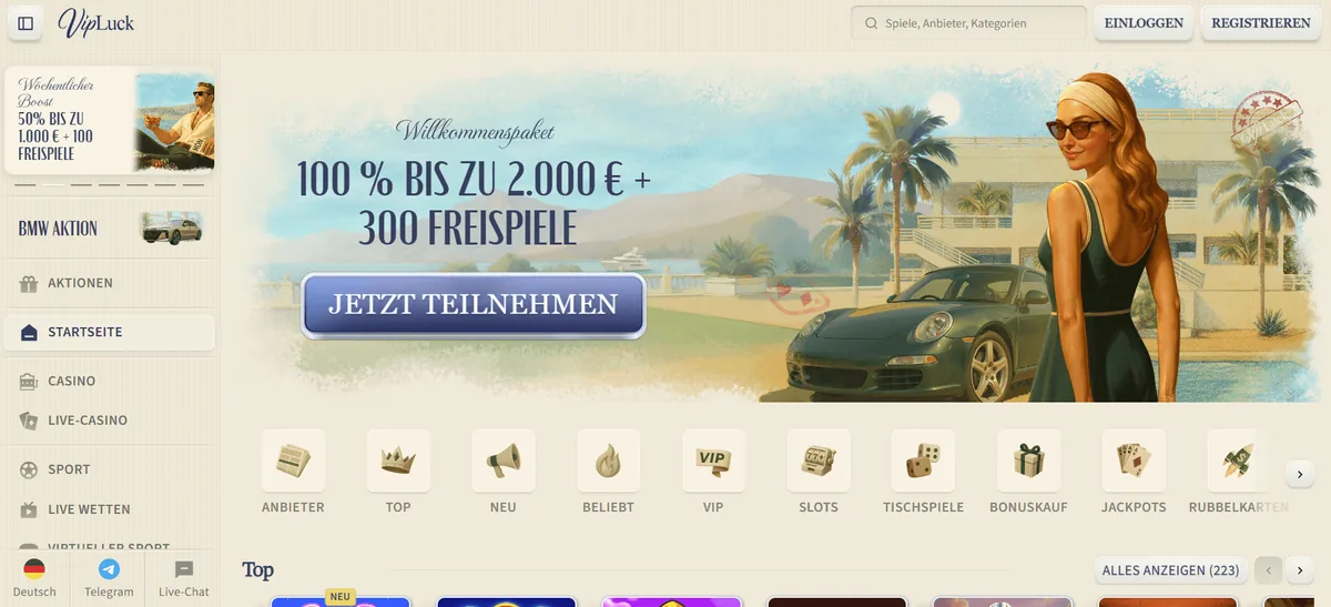 Startseite von VipLuck mit Willkommenspaket und Live-Casino-Bereich, aufgenommen für unsere Online Casino Deutschland Erfahrungen